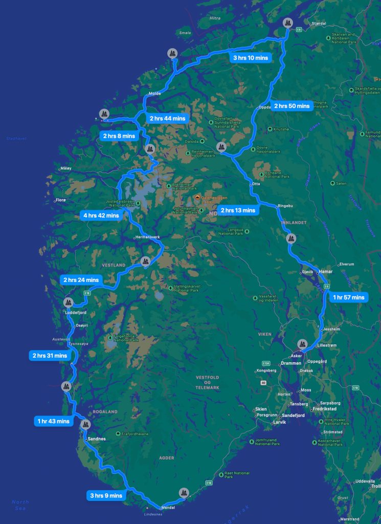 Route starting from Oslo, Norway
