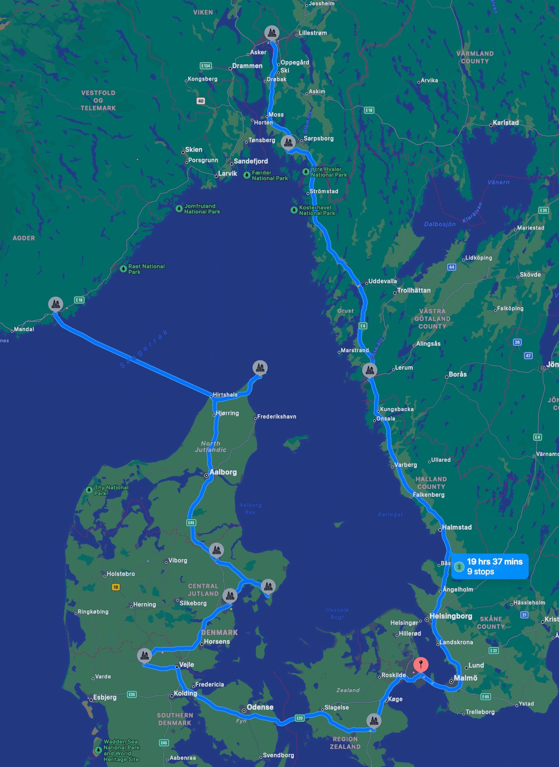Route through Denmark and Sweden and finally back to Oslo. 